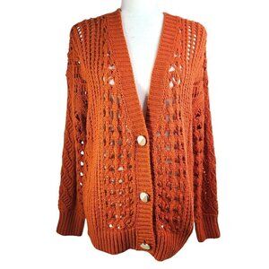 Heartloom Chunky Open Knit Burnt Orange Pearl Buttons Oversized Cardigan